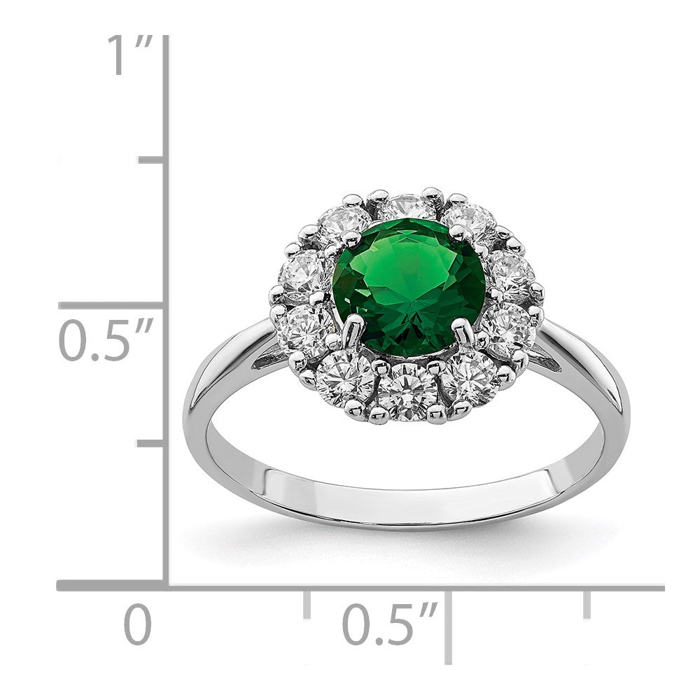 Sterling Silver Rhodium Plated Green Glass And Cz Halo Ring