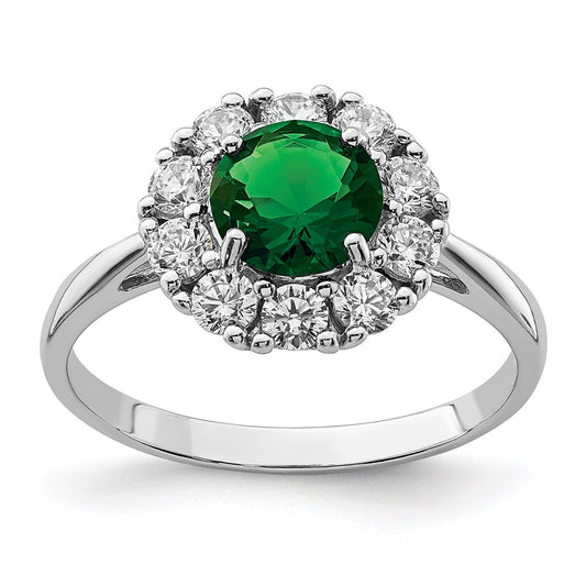Sterling Silver Rhodium Plated Green Glass And Cz Halo Ring