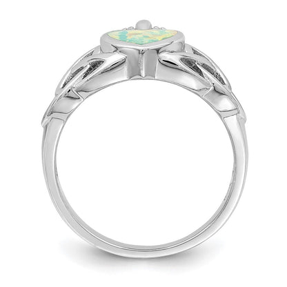Sterling Silver Rhod Plated Lab Created Opal Celtic Knot Crown Ring