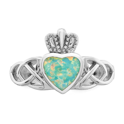 Sterling Silver Rhod Plated Lab Created Opal Celtic Knot Crown Ring