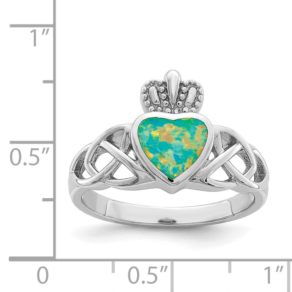 Sterling Silver Rhod Plated Lab Created Opal Celtic Knot Crown Ring