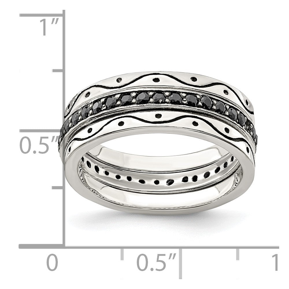 Sterling Silver Three Piece Set Antiqued & Black Cz Bands