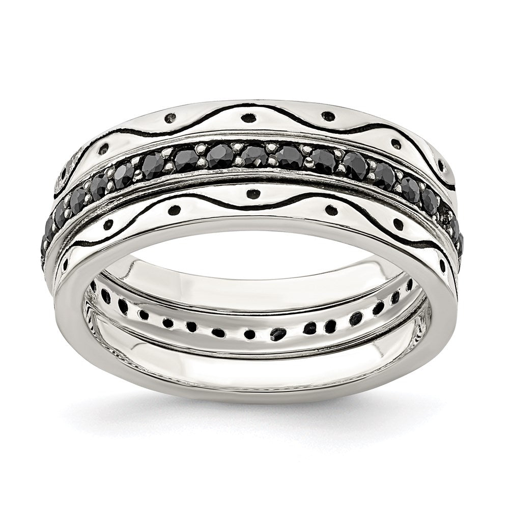 Sterling Silver Three Piece Set Antiqued & Black Cz Bands