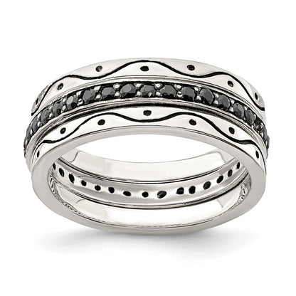 Sterling Silver Three Piece Set Antiqued & Black Cz Bands