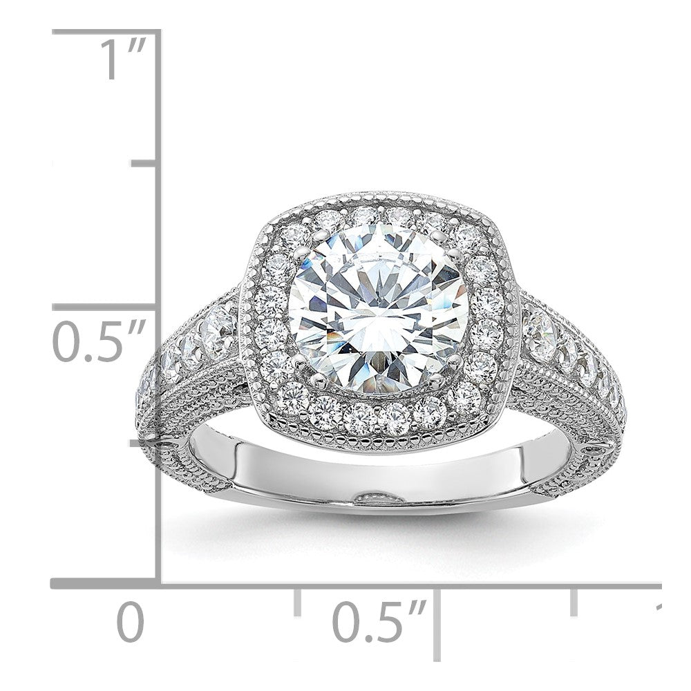 Sterling Silver Rhodium Plated 8mm Center Cz Halo Ring