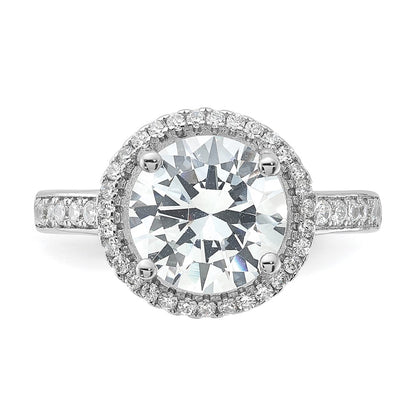 Sterling Silver Rhodium Plated 8mm Center Halo Cz Ring