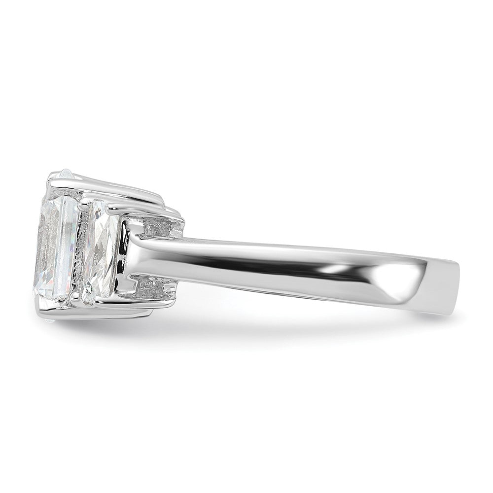 Sterling Silver Rhodium Plated Emerald Cut Cz 3 Stone Ring