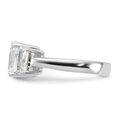 Sterling Silver Rhodium Plated Emerald Cut Cz 3 Stone Ring