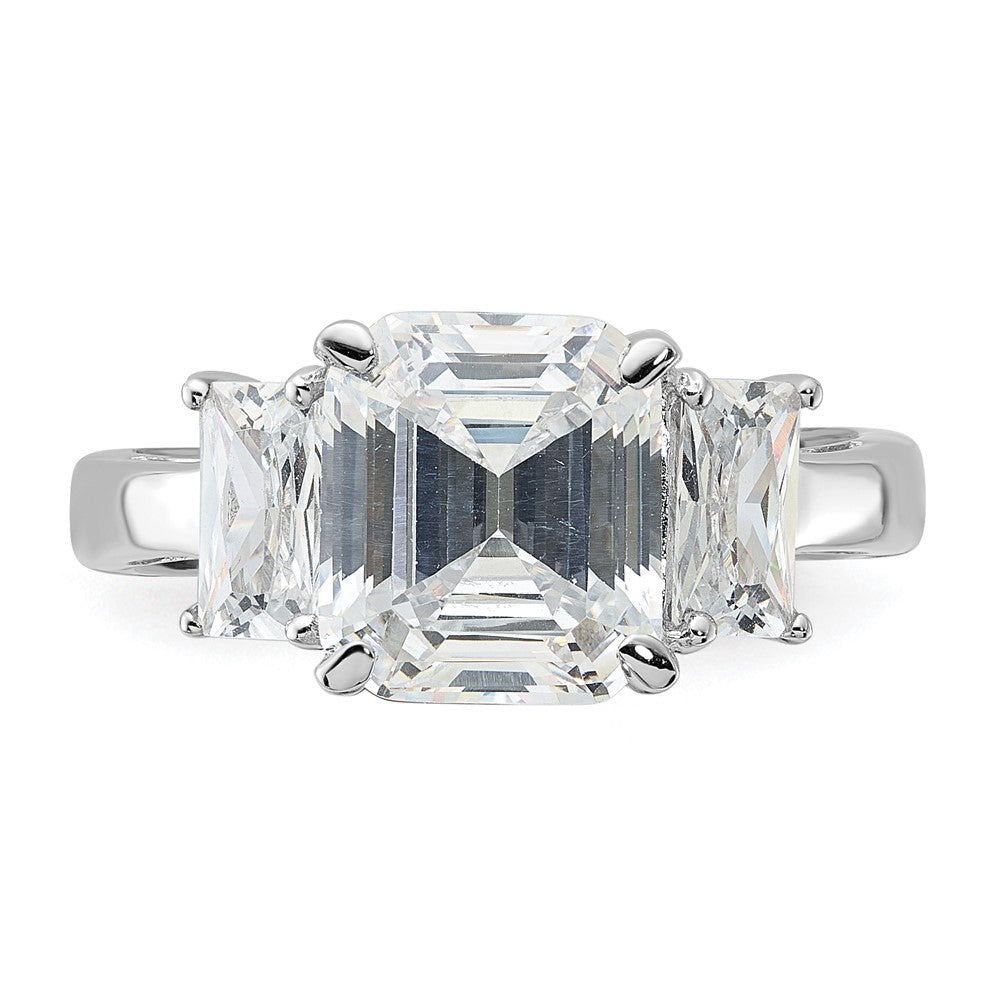Sterling Silver Rhodium Plated Emerald Cut Cz 3 Stone Ring