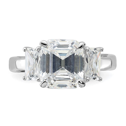 Sterling Silver Rhodium Plated Emerald Cut Cz 3 Stone Ring