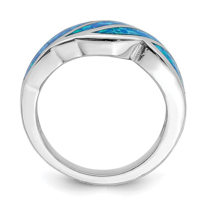 Sterling Silver Rhodium Plated Created Blue Opal Inlay Ring