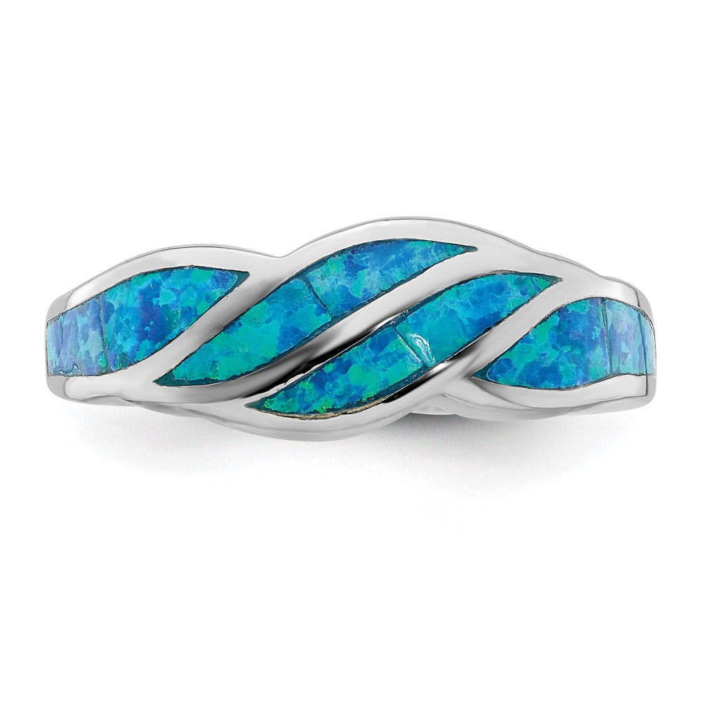 Sterling Silver Rhodium Plated Created Blue Opal Inlay Ring