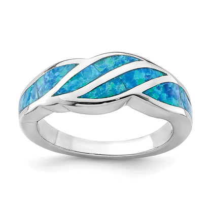 Sterling Silver Rhodium Plated Created Blue Opal Inlay Ring