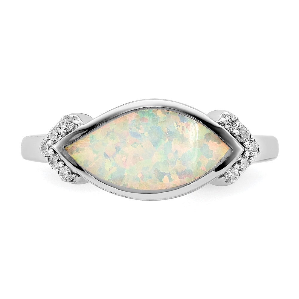 Sterling Silver Rhodium Plated Marquise Lab Created Opal & Cz Ring