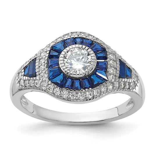 Sterling Silver Rhodium Plated Synthetic Blue Spinel & Cz Ring
