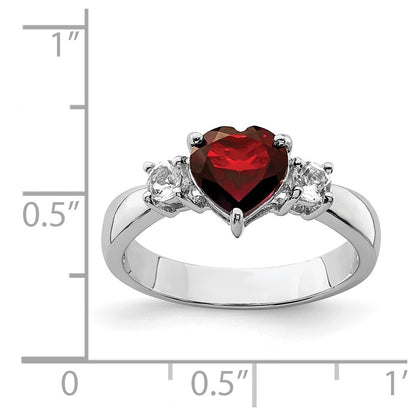 Sterling Silver Rhodium Plated Heart Garnet & White Topaz Ring