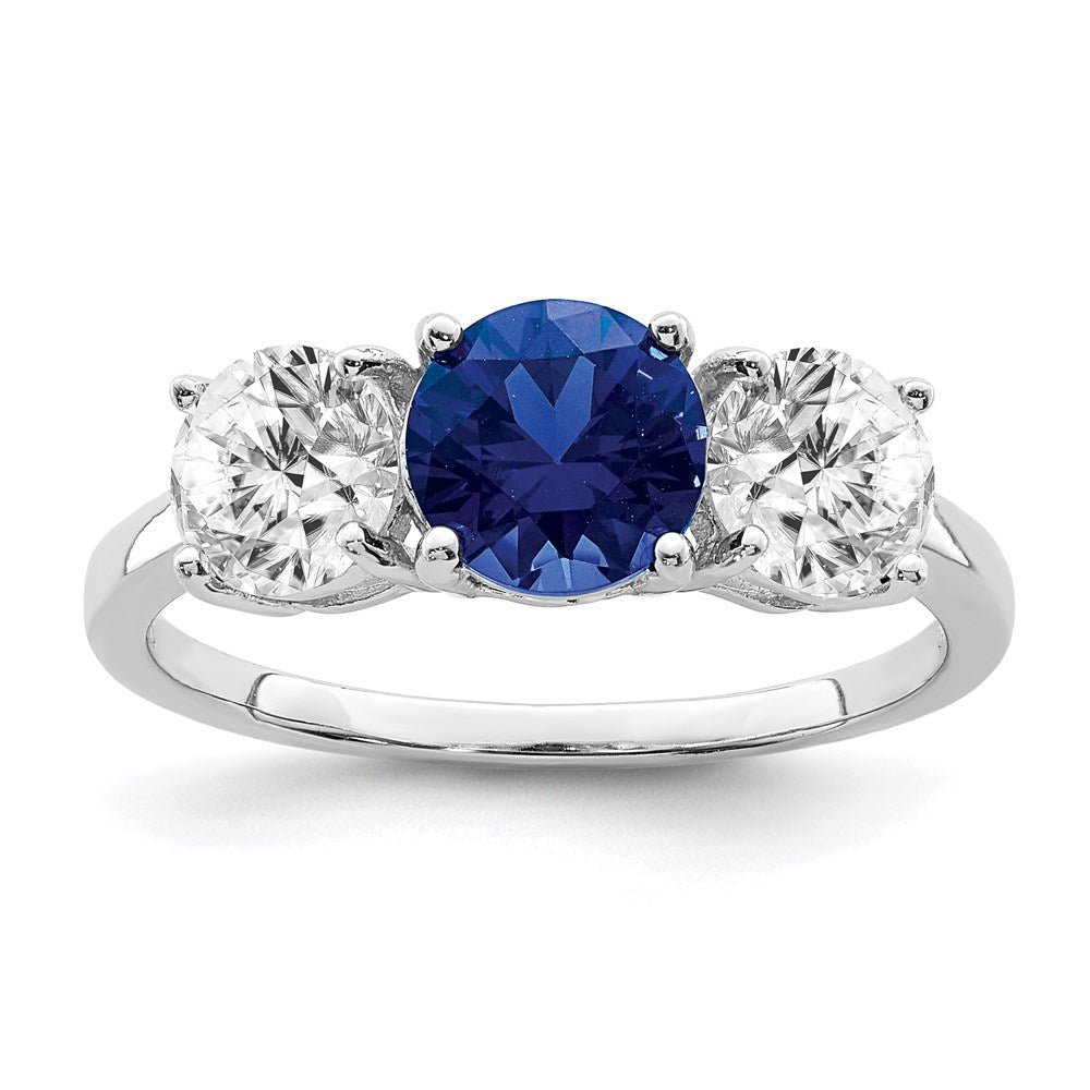 Sterling Silver Rhodium Plated Created Spinel & Cz 3 Stone Ring
