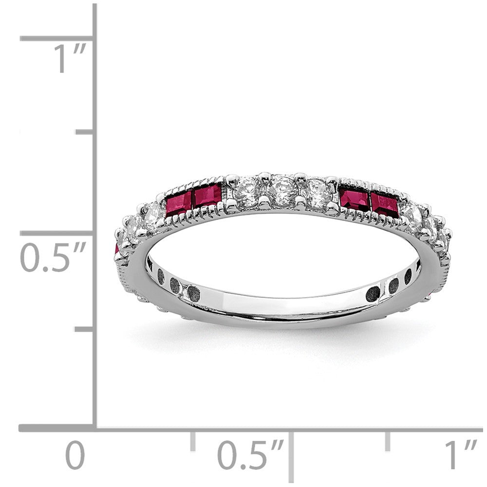 Sterling Silver Rhodium Plated Created Ruby And Round Cz Band