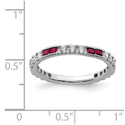 Sterling Silver Rhodium Plated Created Ruby And Round Cz Band