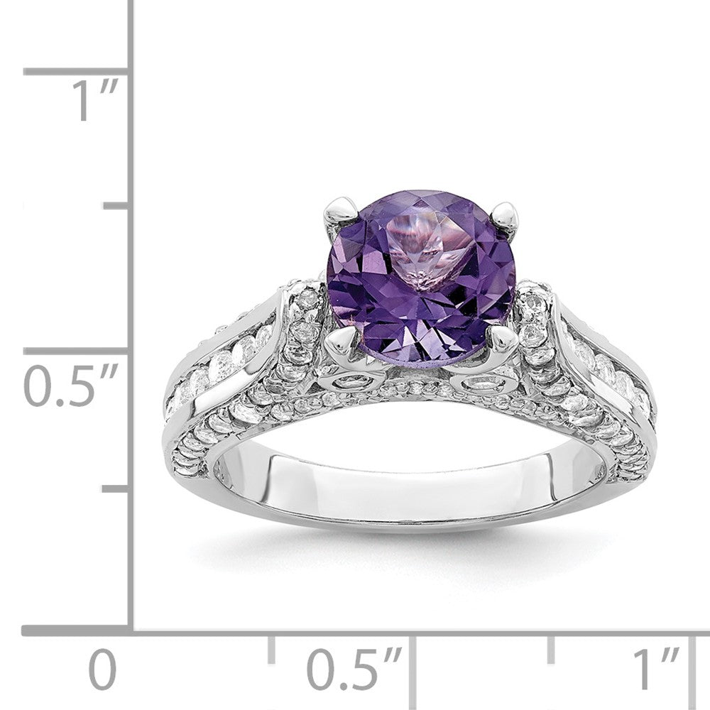 Sterling Silver Rhodium Plated 8mm Amethyst & White Topaz Ring
