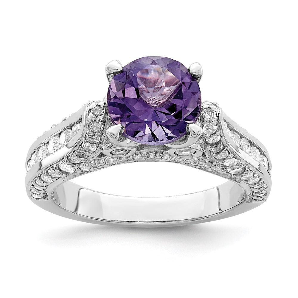 Sterling Silver Rhodium Plated 8mm Amethyst & White Topaz Ring
