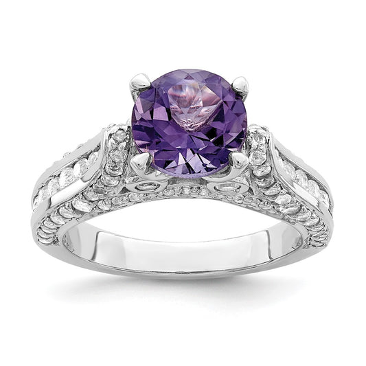 Sterling Silver Rhodium Plated 8mm Amethyst & White Topaz Ring