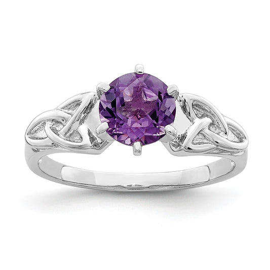 Sterling Silver Rhodium Plated Amethyst Celtic Trinity Ring