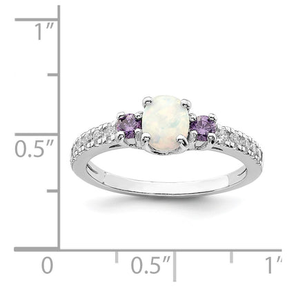 Sterling Silver Rhodium Plated Lab Created Opal/Cz Ring
