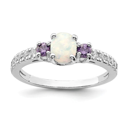 Sterling Silver Rhodium Plated Lab Created Opal/Cz Ring