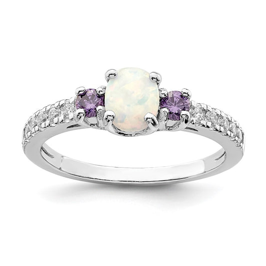 Sterling Silver Rhodium Plated Lab Created Opal/Cz Ring