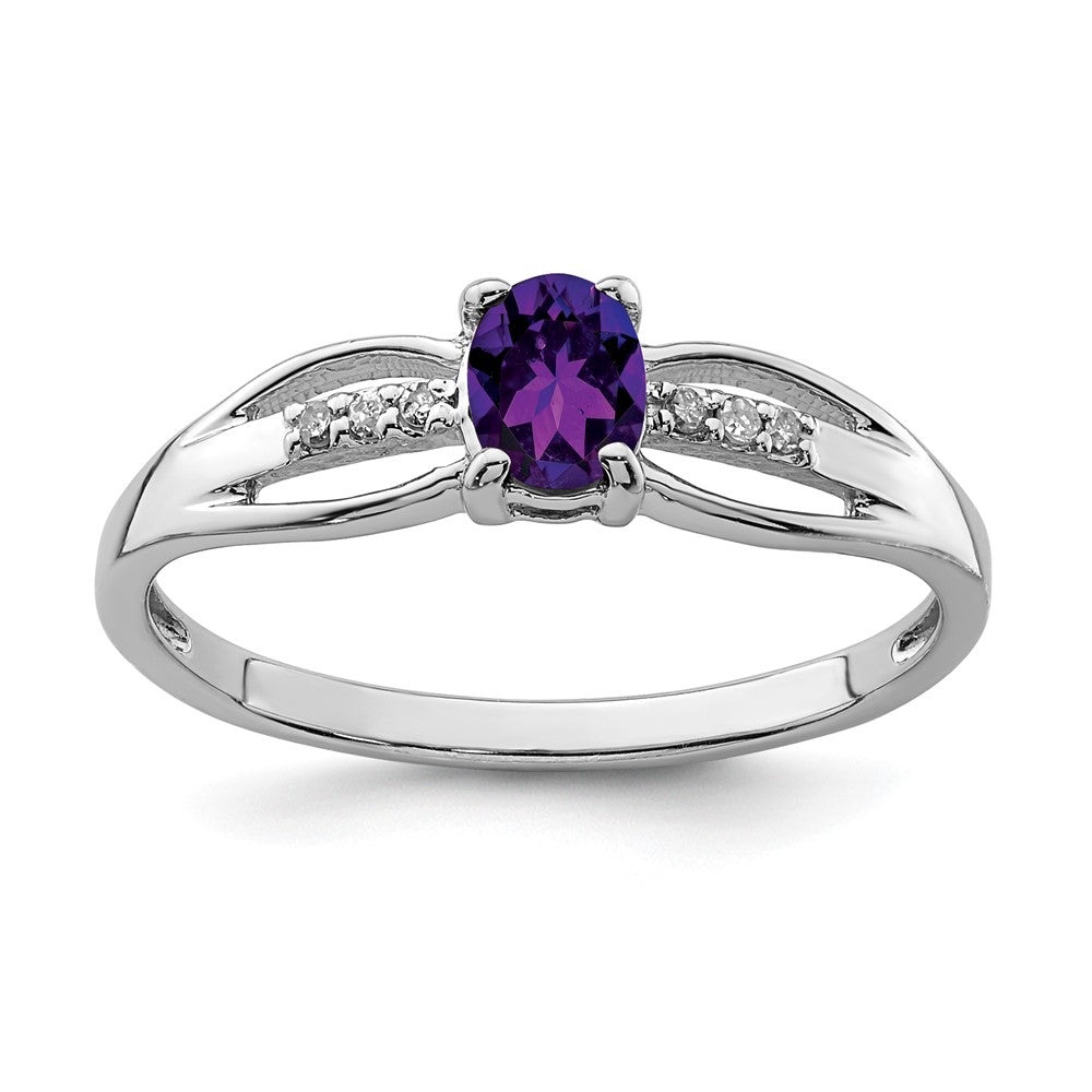 Sterling Silver Rhod Plated Diamond Amethyst Ring