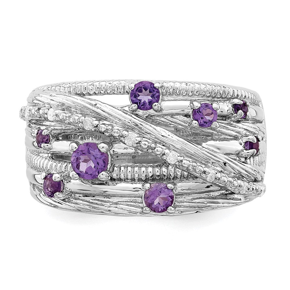 Sterling Silver Rhodium Plated Polished Amethyst And Diamond Ring