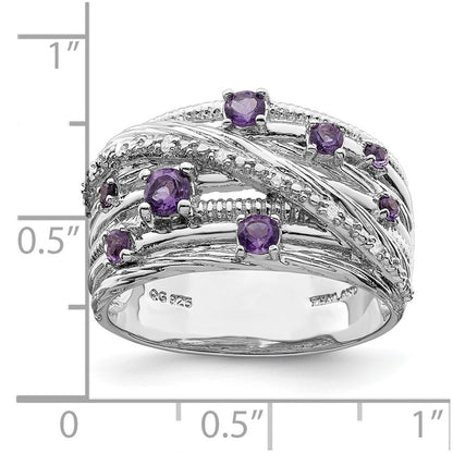 Sterling Silver Rhodium Plated Polished Amethyst And Diamond Ring