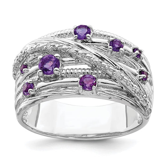 Sterling Silver Rhodium Plated Polished Amethyst And Diamond Ring