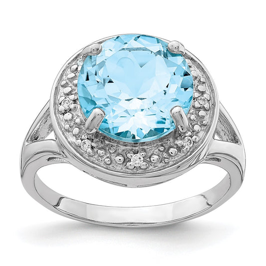 Sterling Silver Rhodium Plated 10mm Round Blue Topaz & Cz Ring