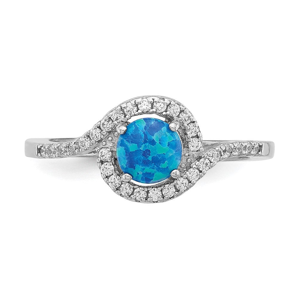 Sterling Silver Rhodium Plated Created Blue Opal /Cz Halo Ring