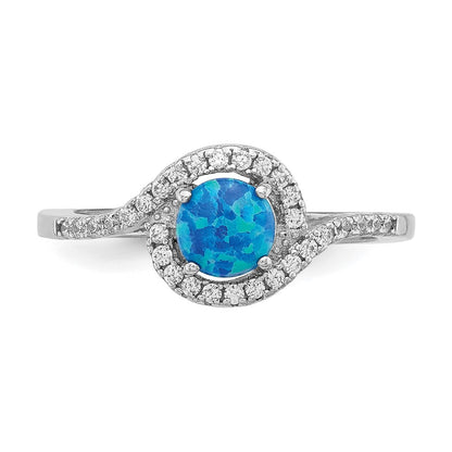 Sterling Silver Rhodium Plated Created Blue Opal /Cz Halo Ring