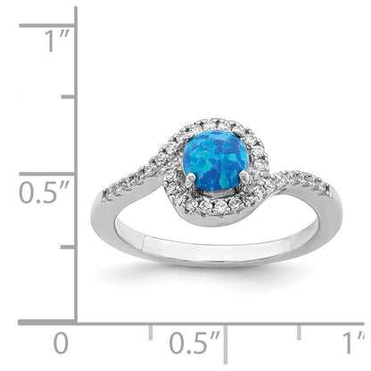 Sterling Silver Rhodium Plated Created Blue Opal /Cz Halo Ring