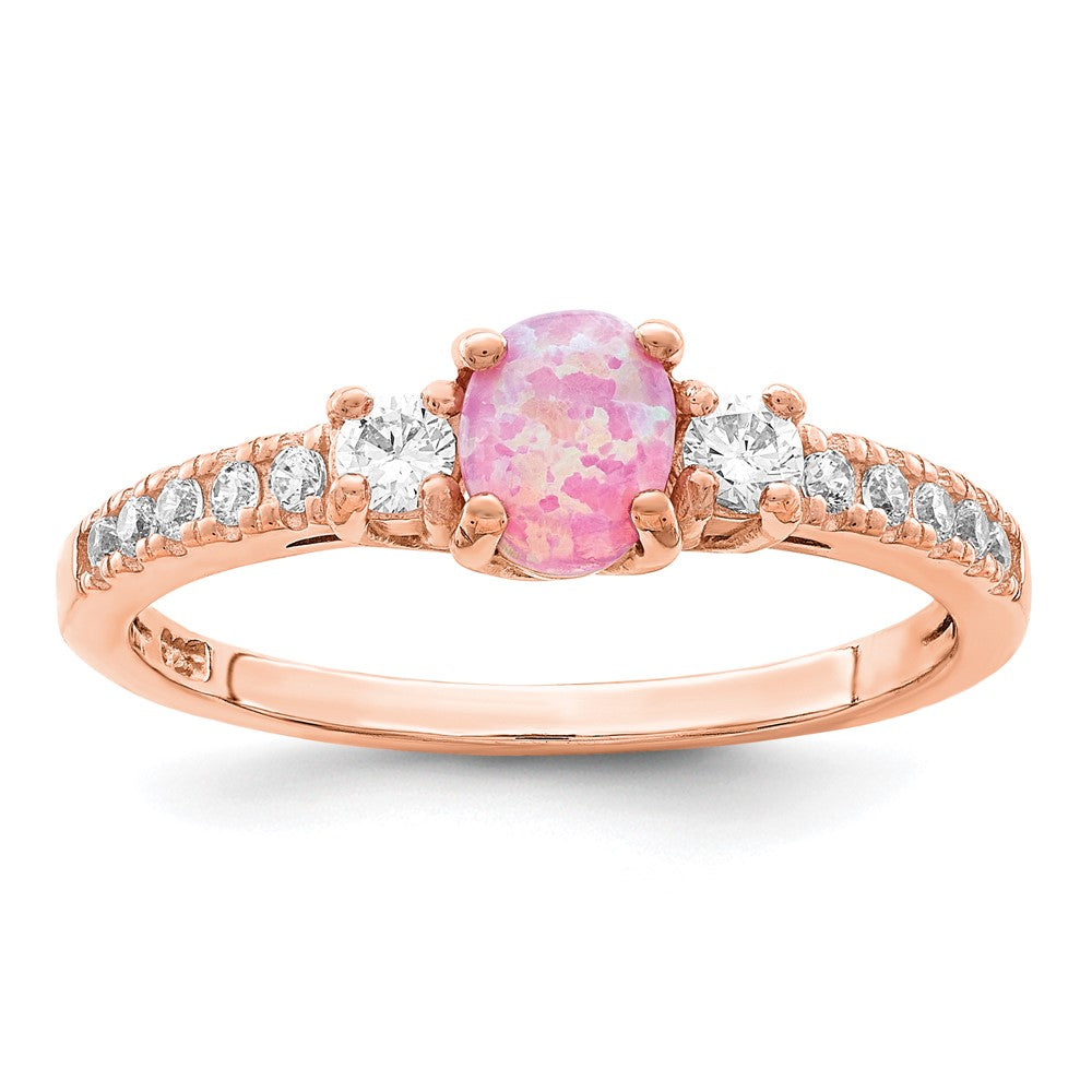 Sterling Silver Rose Tone Created Pink Opal And Cz Ring