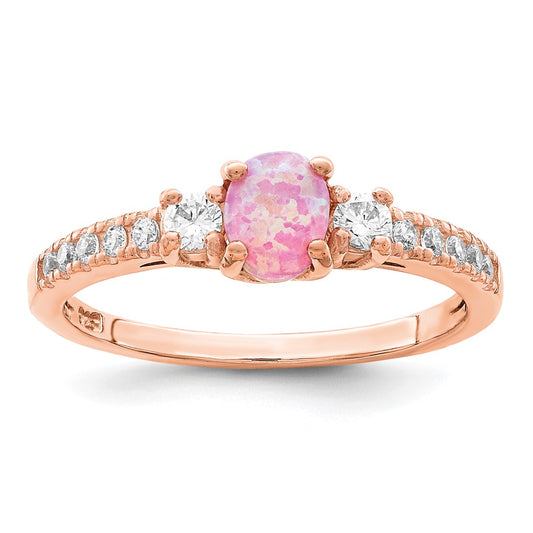 Sterling Silver Rose Tone Created Pink Opal And Cz Ring