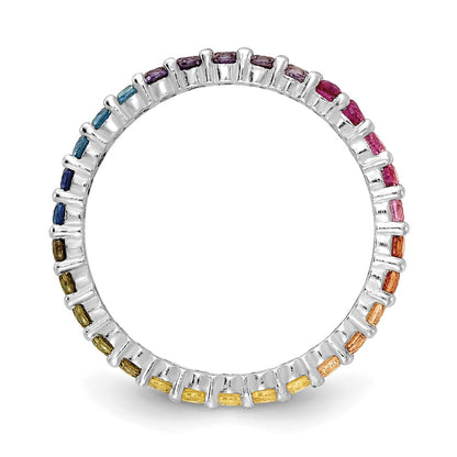Sterling Silver Prizma Rhodium Plated Colorful Cz Eternity Band Ring