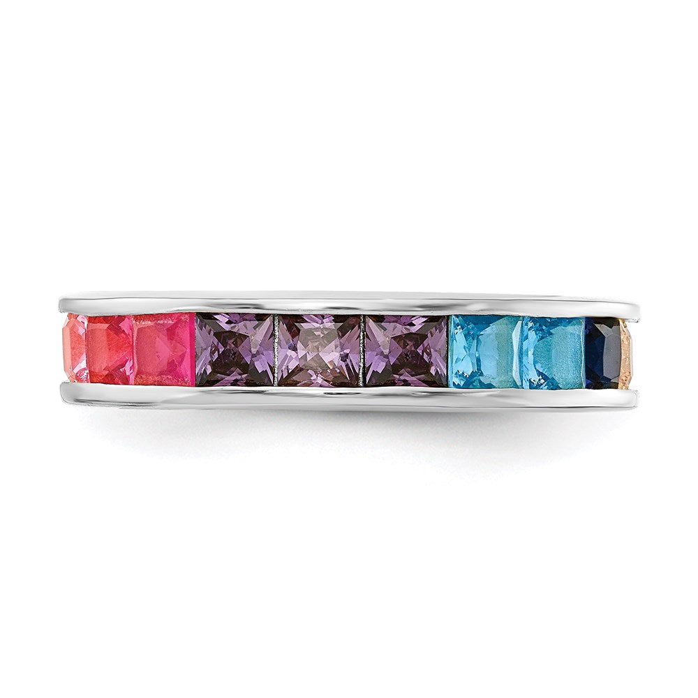 Sterling Silver Prizma Rhodium Plated Channel Set Colorful Cz Eternity Band Ring
