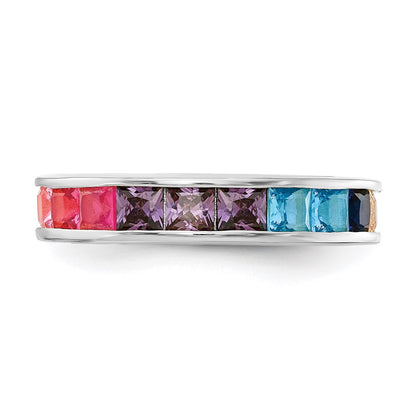 Sterling Silver Prizma Rhodium Plated Channel Set Colorful Cz Eternity Band Ring