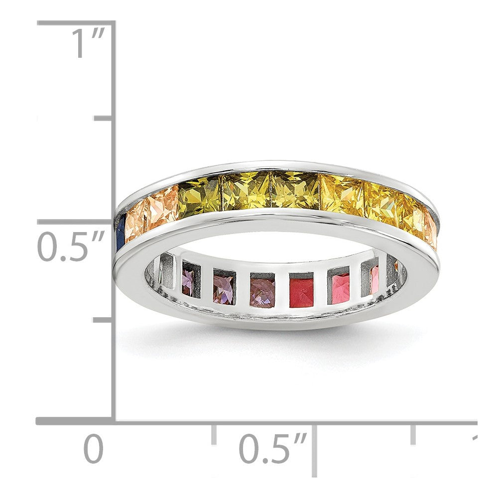 Sterling Silver Prizma Rhodium Plated Channel Set Colorful Cz Eternity Band Ring