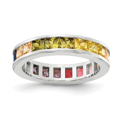 Sterling Silver Prizma Rhodium Plated Channel Set Colorful Cz Eternity Band Ring