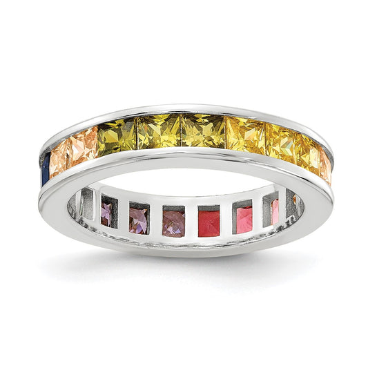 Sterling Silver Prizma Rhodium Plated Channel Set Colorful Cz Eternity Band Ring
