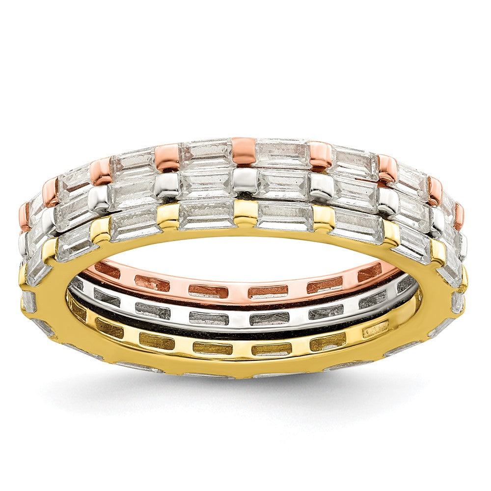 Sterling Silver Rose & Gold Tone Baguette Cz Eternity 3 Band Set