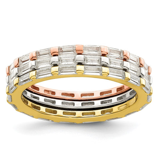 Sterling Silver Rose & Gold Tone Baguette Cz Eternity 3 Band Set