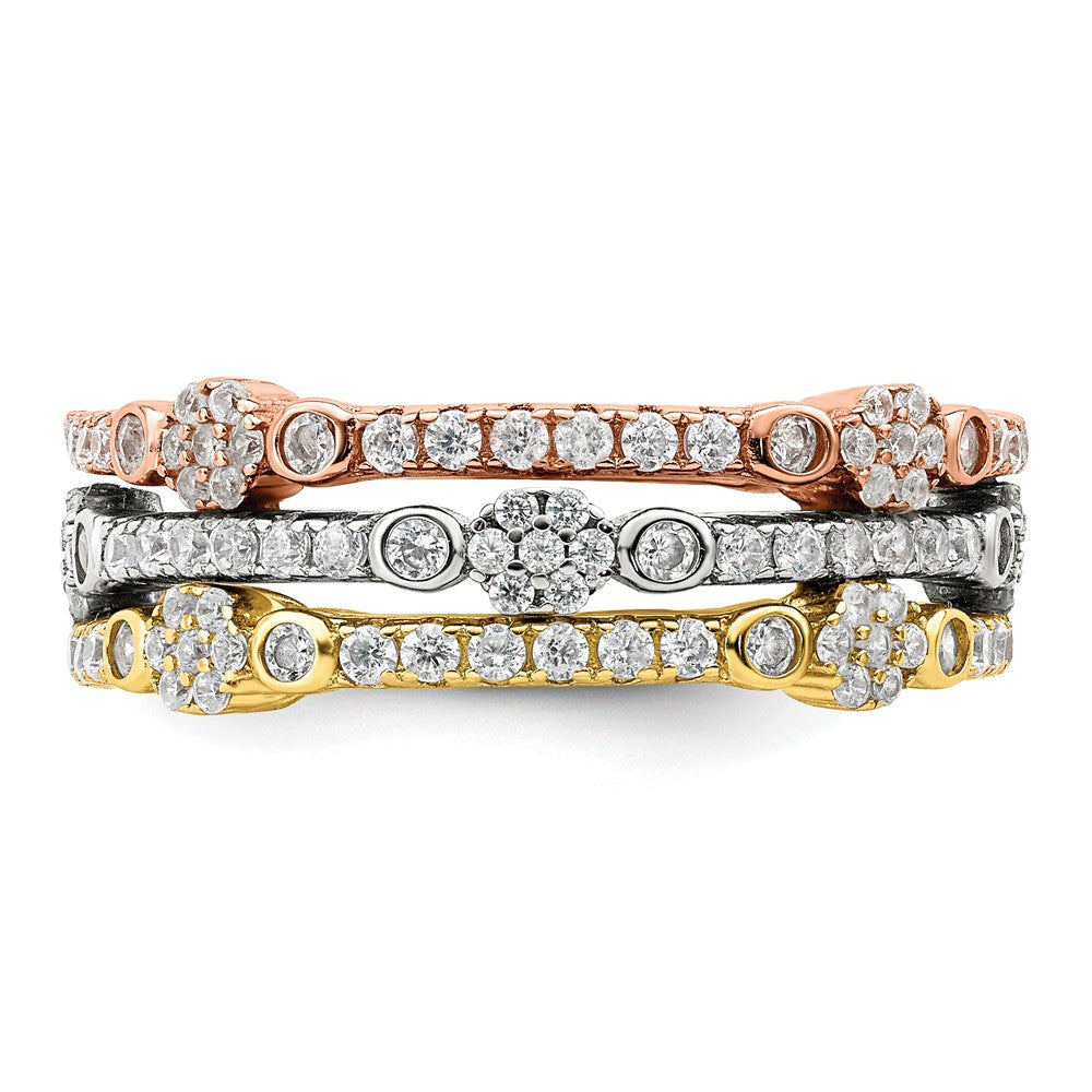 Sterling Silver Rose & Gold Tone Eternity Cz 3 Band Set