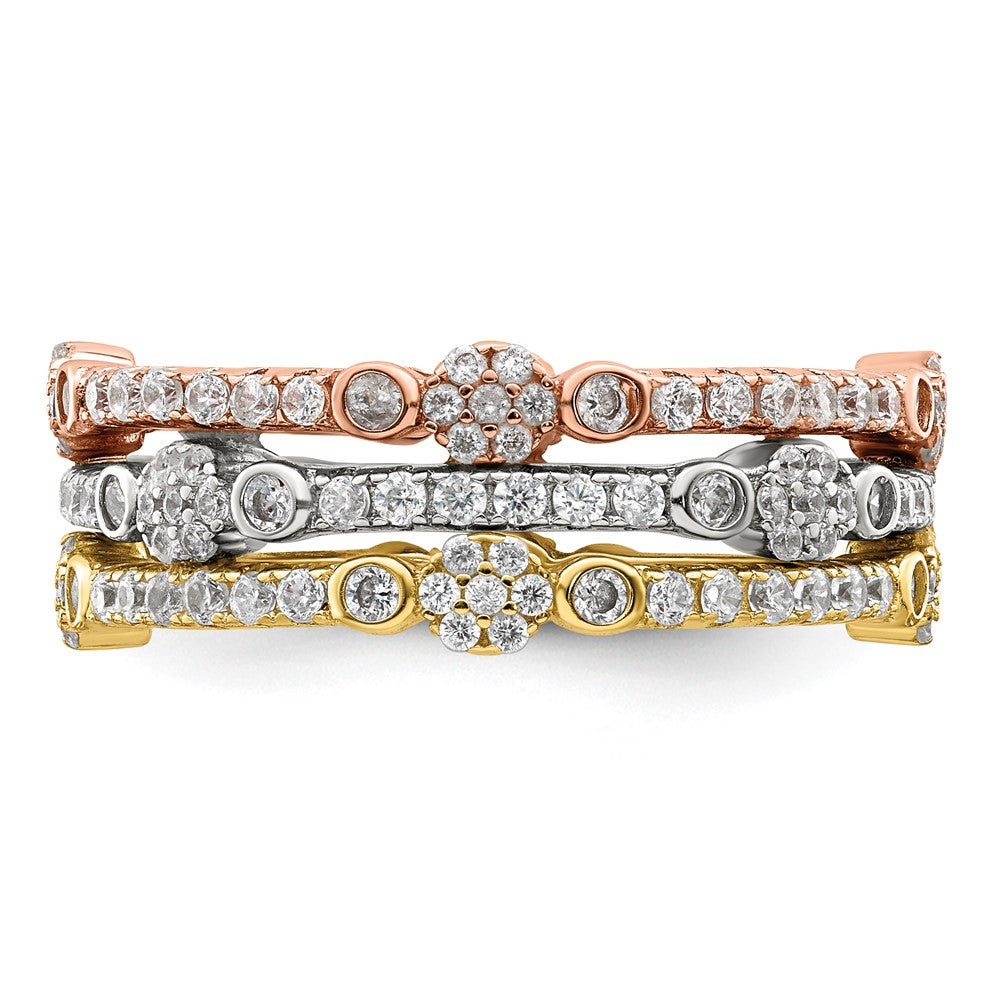 Sterling Silver Rose & Gold Tone Eternity Cz 3 Band Set